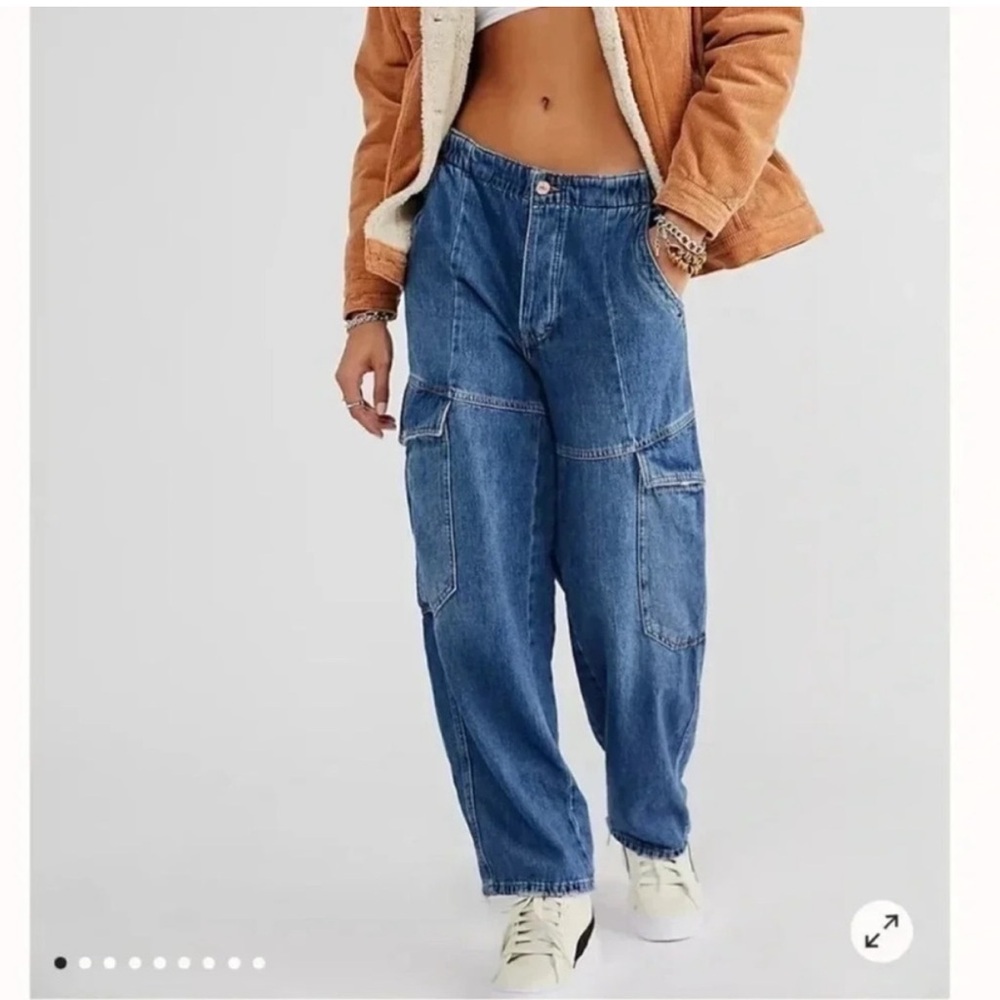 Free People All Star Pull On Jeans Utility Cargo Low Slung Wide Leg Size M